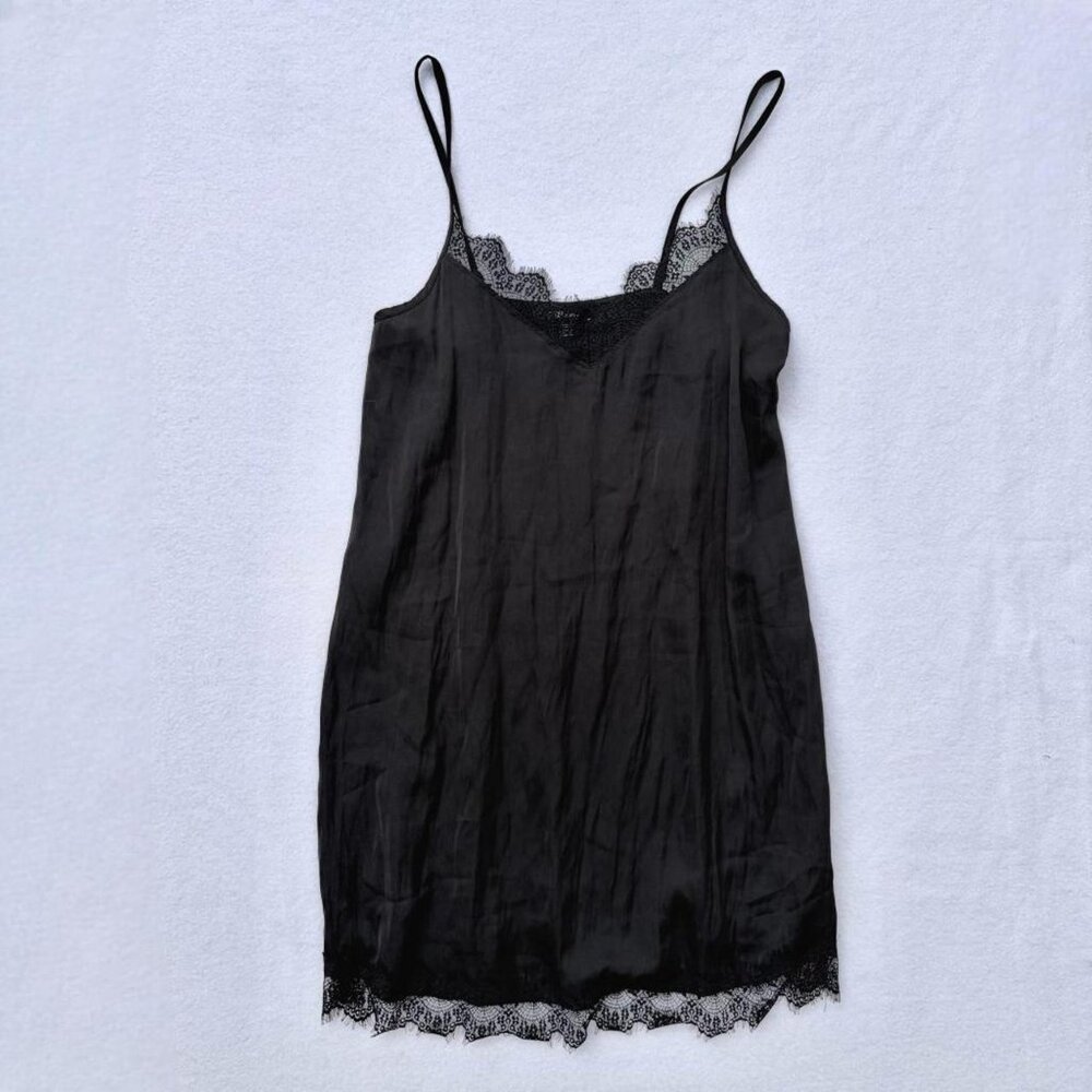 P.J. Salvage Black Satin Lace Trim Mini Slip Dress Size XS Lingerie Nightgown